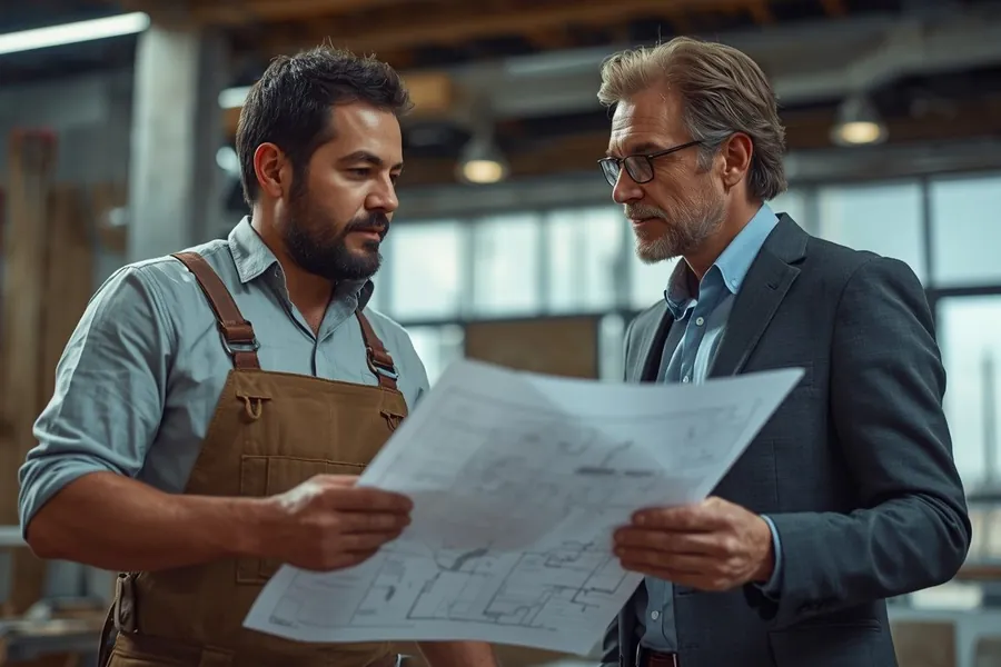 A contractor and a planner going over a set of drawings.