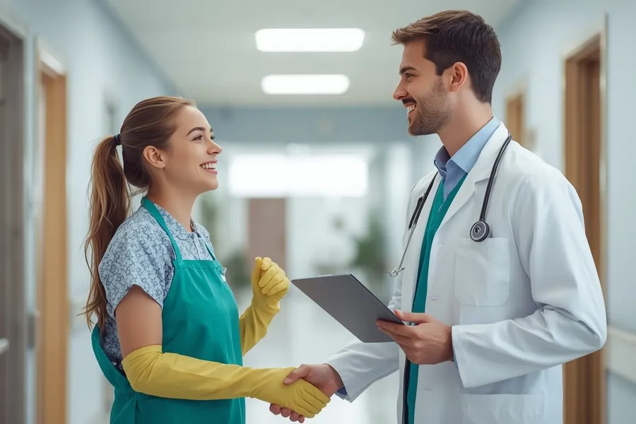 A cleaner and a doctor shaking hands.
